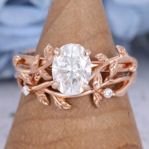 Oval Cut Vintage Leaf Moissanite Bridal Set Rose Gold Leaf Engagement Ring Art Deco Women Unique Diamond Ring Promise Ring Anniversary