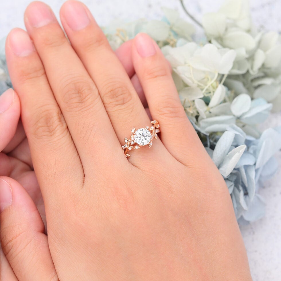 Rose Gold Round Cut Unique Moissanite Engagement Ring