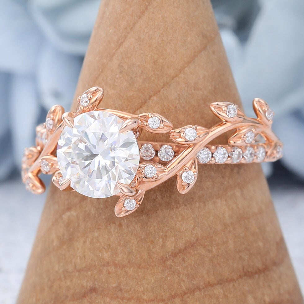 Rose Gold Round Cut Unique Moissanite Engagement Ring