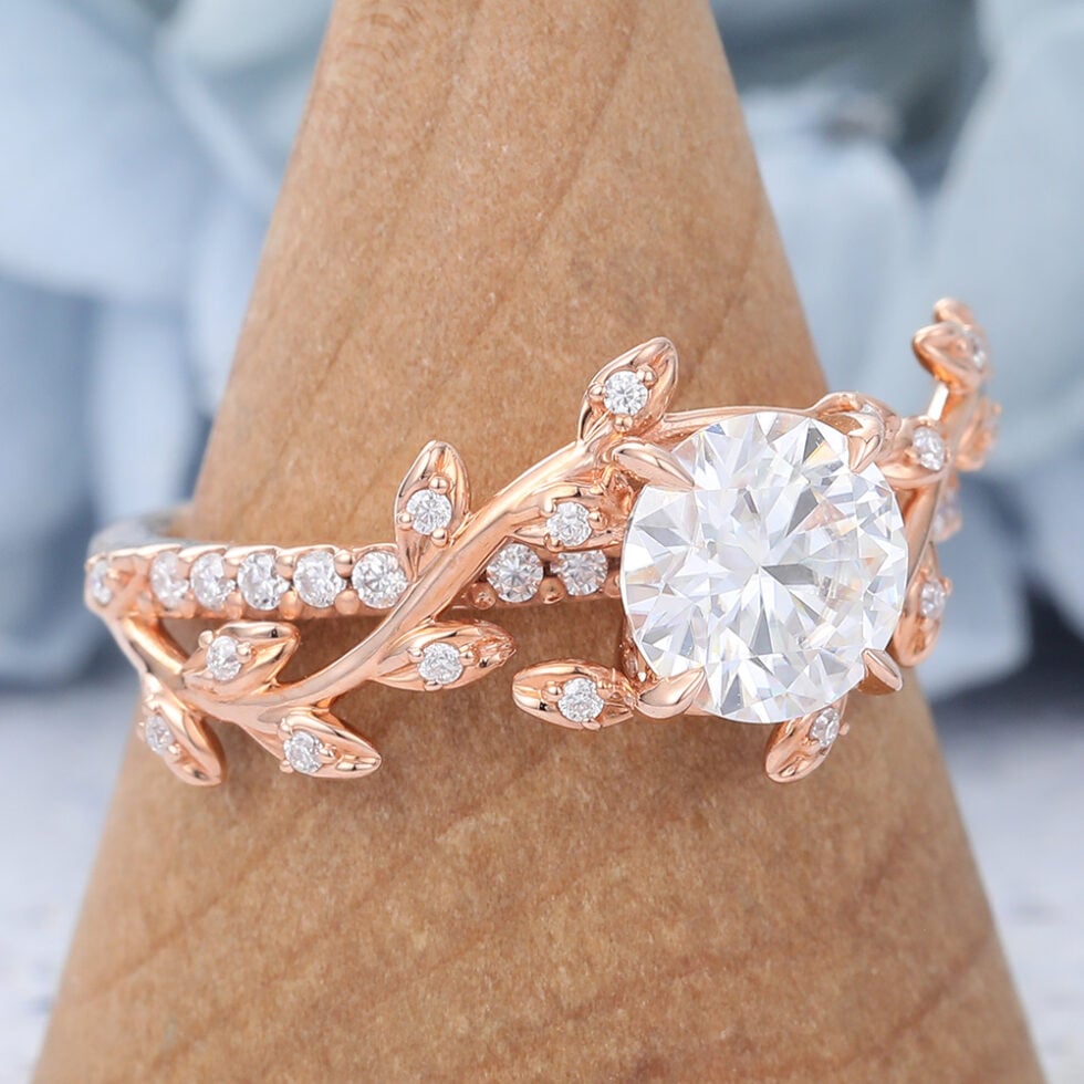Rose Gold Round Cut Unique Moissanite Engagement Ring