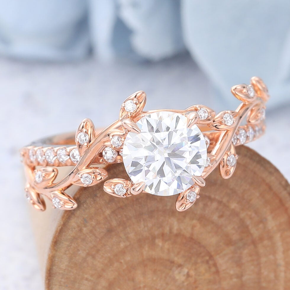 Rose Gold Round Cut Unique Moissanite Engagement Ring