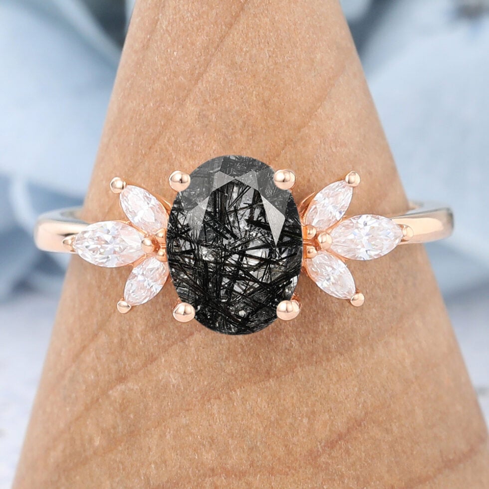 Oval Cut Cluster Black Rutilated Quartz Engagement Ring