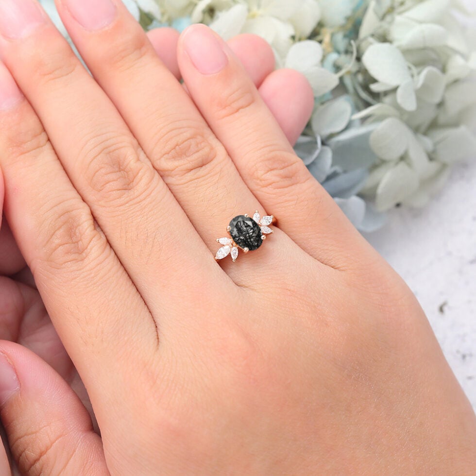 Oval Cut Cluster Black Rutilated Quartz Engagement Ring