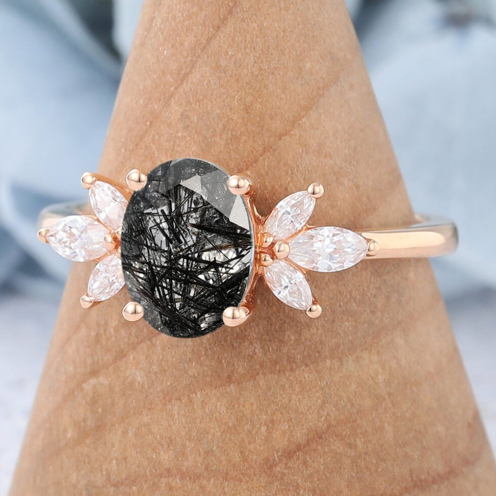 Oval Cut Cluster Black Rutilated Quartz Engagement Ring
