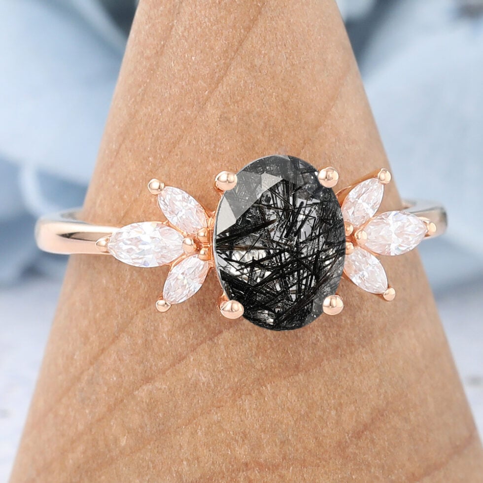 Oval Cut Cluster Black Rutilated Quartz Engagement Ring