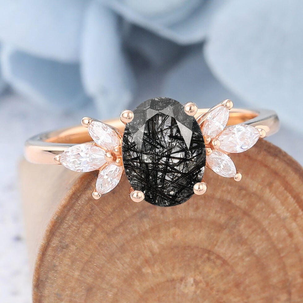 Oval Cut Cluster Black Rutilated Quartz Engagement Ring