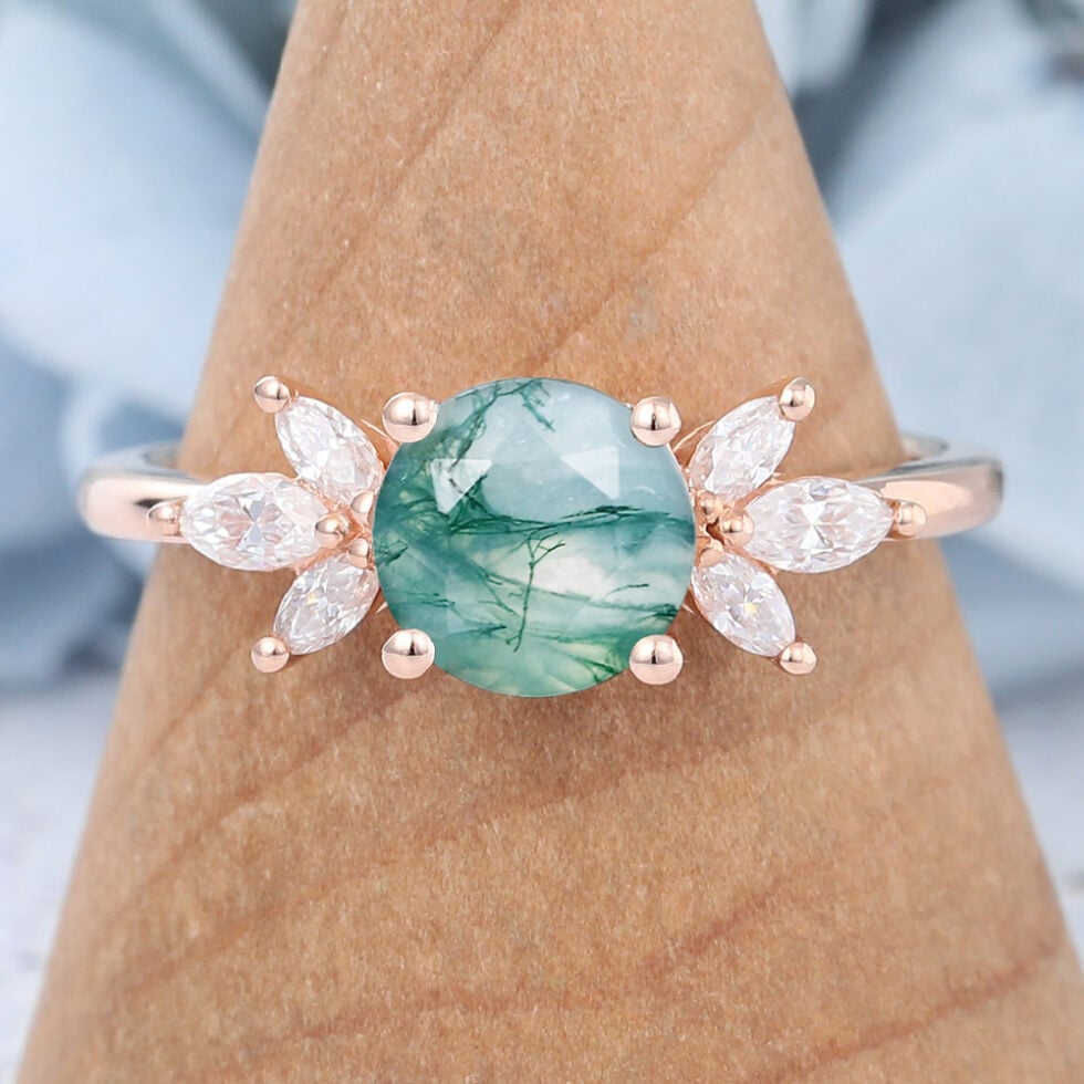 Round Cut Cluster Moss Agate Engagement Ring