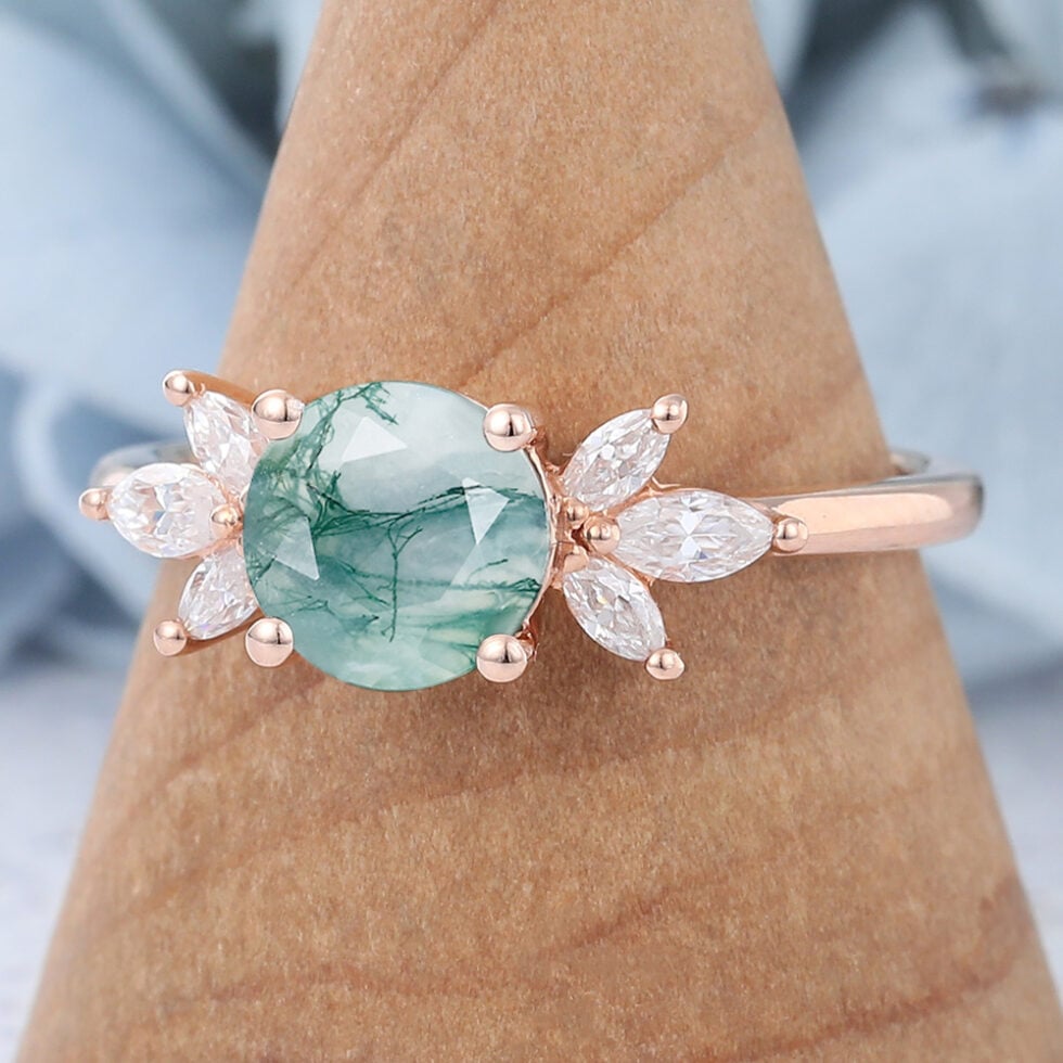 Round Cut Cluster Moss Agate Engagement Ring