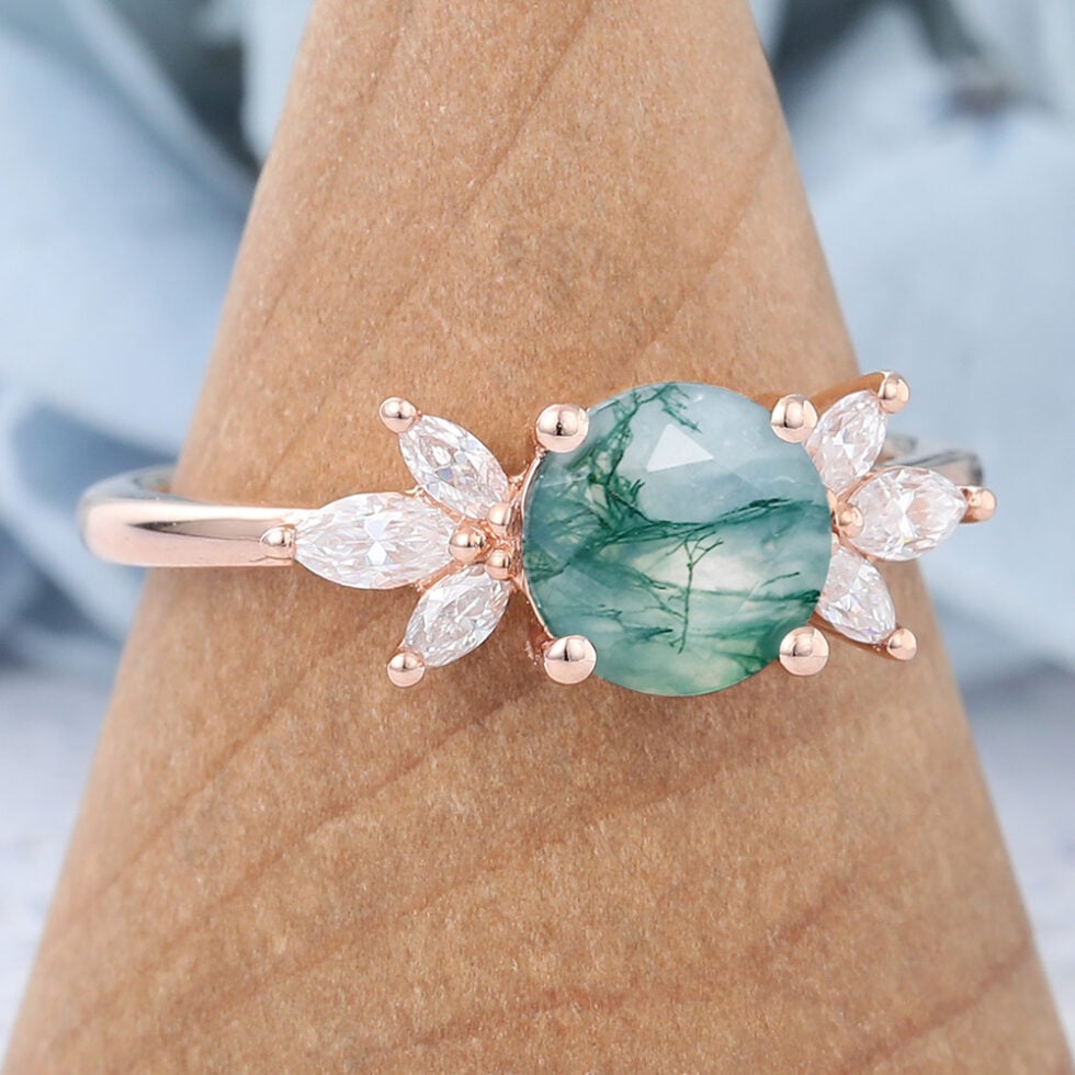 Round Cut Cluster Moss Agate Engagement Ring