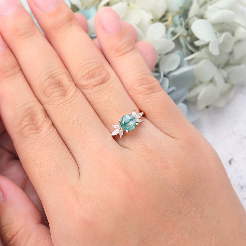 Round Cut Cluster Moss Agate Engagement Ring