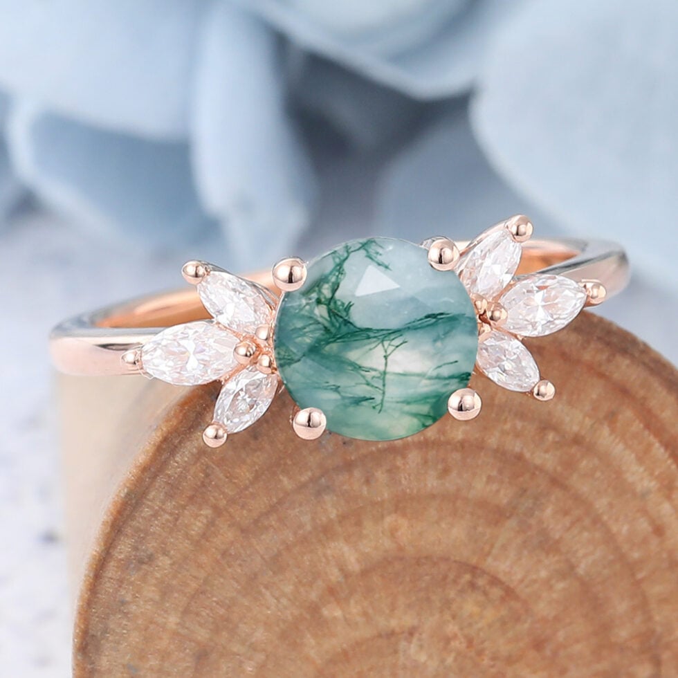 Round Cut Cluster Moss Agate Engagement Ring