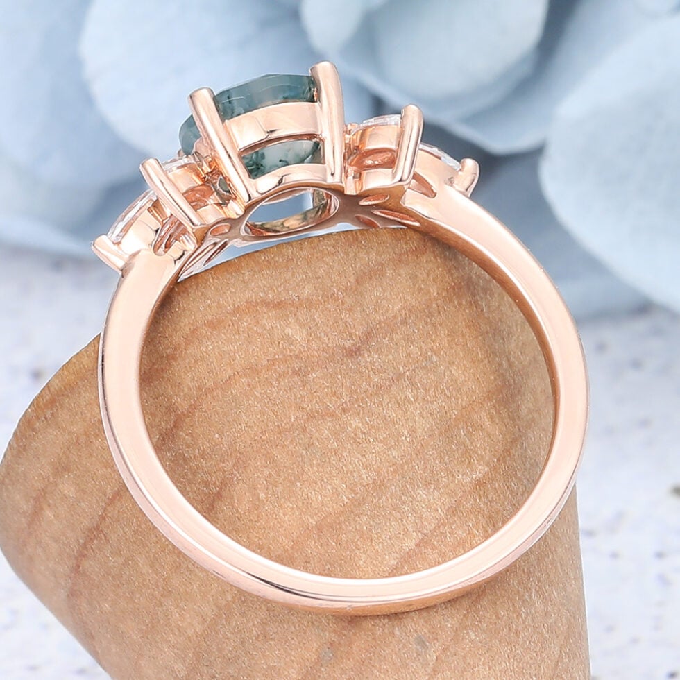 Round Cut Cluster Moss Agate Engagement Ring