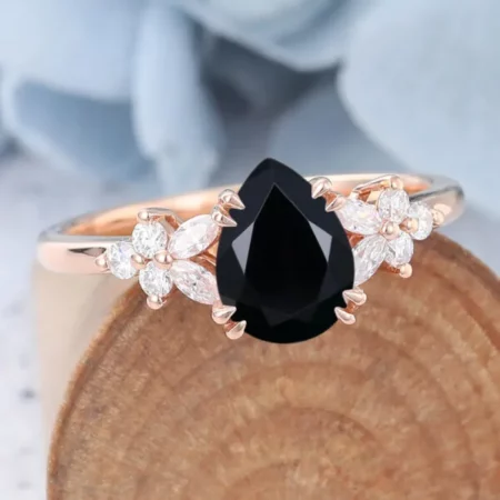 Black onyx jewelry black color stone ring Pear Shaped Cluster Black Onyx Engagement Ring non diamond engagement rings