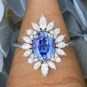 Sapphire Engagement Rings Engagement Rings Under $1000 September birthstone Oval Sapphire Engagement Ring Vintage White Gold Halo Unique Art Deco Ring