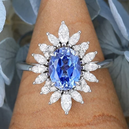 Engagement Rings Under $1000 September birthstone Oval Sapphire Engagement Ring Vintage White Gold Halo Unique Art Deco Ring
