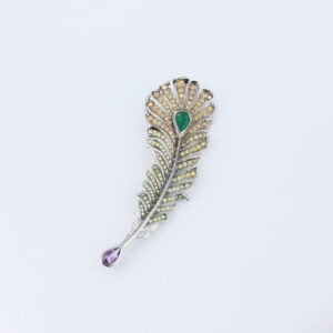 14K White Gold Emerald Jewelry Peacock Feather Brooch