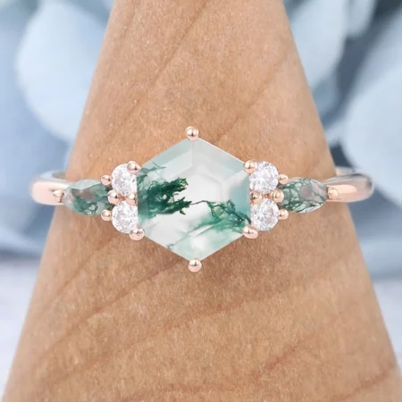 Engagement Rings Under $1000 Cluster Hexagon Moss Agate Engagement Ring Rose Gold