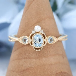 stones for ring Aries Birthstone Oval Aquamarine Engagement Ring Vintage Cluster Yellow Gold Bridal Promise Anniverary Ring unique engagement ring