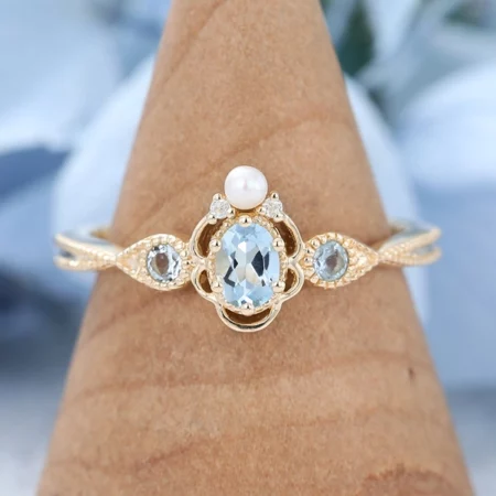 stones for ring Aries Birthstone Oval Aquamarine Engagement Ring Vintage Cluster Yellow Gold Bridal Promise Anniverary Ring unique engagement ring