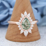 Pear Shaped Natural Moss Agate Engagement Ring Rose Gold