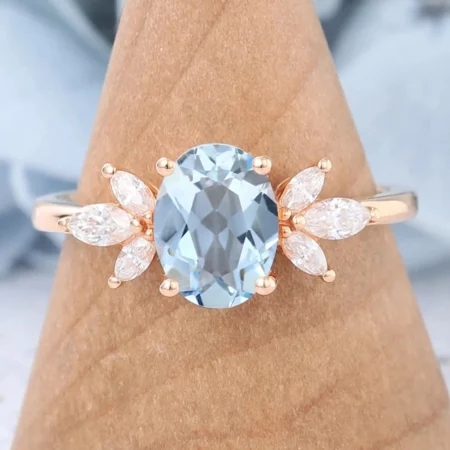 Aries Birthstone Vintage Rose Gold Cluster Oval Aquamarine Engagement Ring