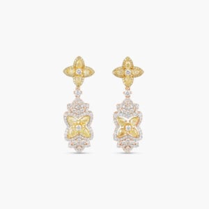 White Gold Yellow Diamond Floral Pendant Drop Earrings