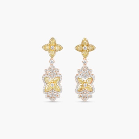 White Gold Yellow Diamond Floral Pendant Drop Earrings