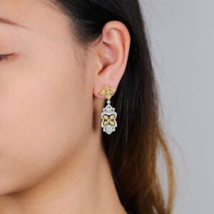 White Gold Yellow Diamond Floral Pendant Drop Earrings