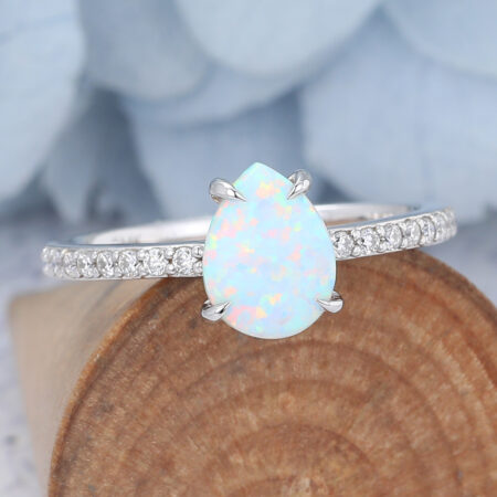 Moonstone vs Opal non diamond engagement rings 14K White Gold Pear Shaped Opal Halo Engagement Ring