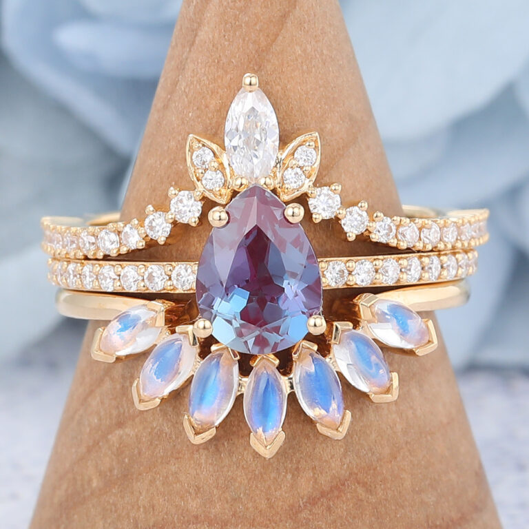 June birthstone Pear Shaped ring Rose Gold vs Yellow Gold Unique Engagement Rings Pear Cut Lab Alexandrite Bridal Ring Set Pave Bridal Ring gemstones and cut pairings