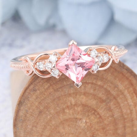 Lab Grown Sapphire kite cut engagement ring Unique engagement rings Princess Cut Pink Sapphire Cluster Engagement Ring