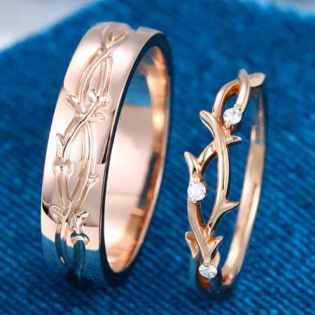 Minimalist Engagement Rings 2 Pieces Couple's Rings Round Cut Moissanite Nature-Inspired Bridal Ring Leaf Engraved Wedding Band