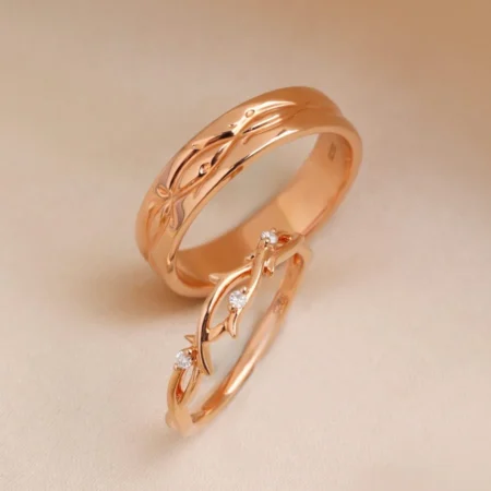 70s Jewelry 585 gold 2 Pieces Couple's Rings Round Cut Moissanite Nature-Inspired Bridal Ring Leaf Engraved Wedding Band