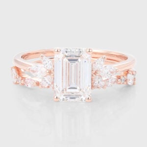 Emerald Cut Lab Grown Diamond Floral-Inspired Bridal Ring Set Marquise Accented Engagement Ring