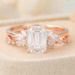 Emerald Cut Lab Grown Diamond Floral-Inspired Bridal Ring Set Marquise Accented Engagement Ring