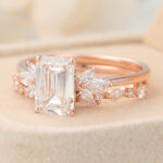 Emerald Cut Lab Grown Diamond Floral-Inspired Bridal Ring Set Marquise Accented Engagement Ring