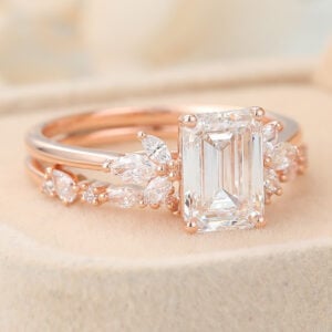 Aries Birthstone Emerald Cut Lab Grown Diamond Floral-Inspired Bridal Ring Set Marquise Accented Engagement Ring