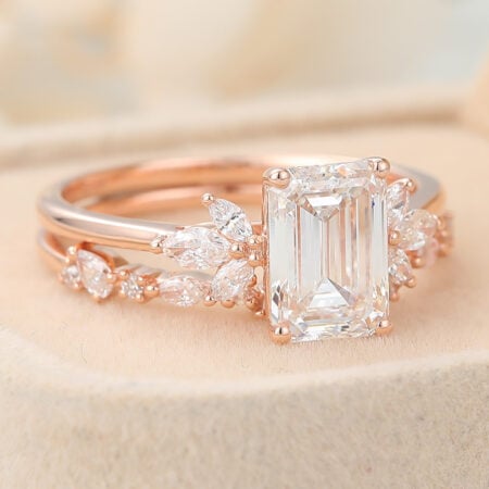 Aries Birthstone Emerald Cut Lab Grown Diamond Floral-Inspired Bridal Ring Set Marquise Accented Engagement Ring