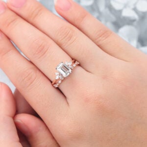 Emerald Cut Lab Grown Diamond Floral-Inspired Bridal Ring Set Marquise Accented Engagement Ring