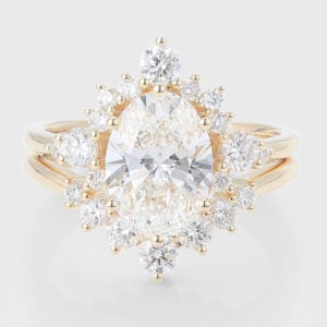 Oval Cut Lab Grown Diamond Half Halo Engagement Ring Set with Curved Wedding Band