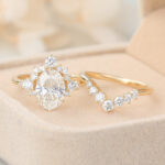 Oval Cut Lab Grown Diamond Half Halo Engagement Ring Set with Curved Wedding Band