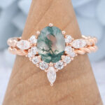 Oval Cut Moss Agate 3/4 Twisted Bridal Ring Set Cluster Engagement Ring