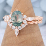 Oval Cut Moss Agate 3/4 Twisted Bridal Ring Set Cluster Engagement Ring