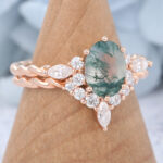 Oval Cut Moss Agate 3/4 Twisted Bridal Ring Set Cluster Engagement Ring