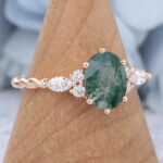 Oval Cut Moss Agate Cluster Engagement Ring 3/4 Twisted Bridal Ring
