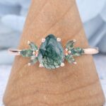 Pear Cut Moss Agate Engagement Ring Marquise Accented Bridal Ring