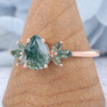Pear Cut Moss Agate Engagement Ring Marquise Accented Bridal Ring