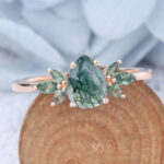 Pear Cut Moss Agate Engagement Ring Marquise Accented Bridal Ring