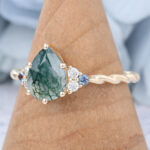 Pear Cut Moss Agate Engagement Ring Twisted Bridal Ring with Alexandrite Accents