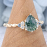Pear Cut Moss Agate Engagement Ring Twisted Bridal Ring with Alexandrite Accents